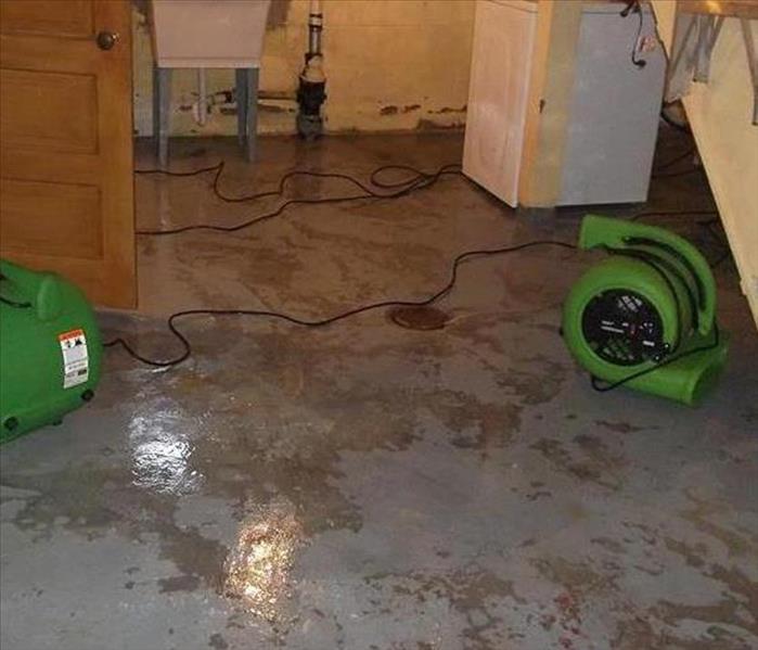 water removed, air movers drying the basement