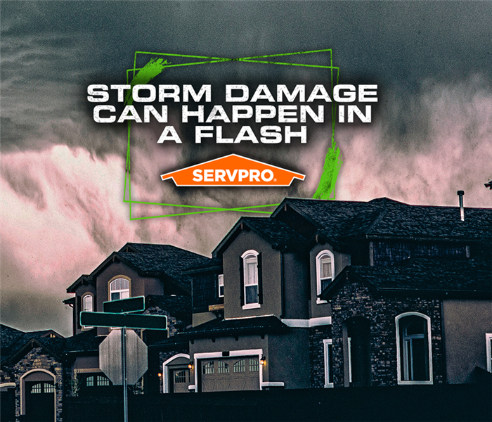 A row of houses with a storm brewing in the sky with the caption: "STORM DAMAGE CAN HAPPEN IN A FLASH"